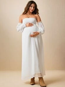Boho Mama Maternity Off-Shoulder Ruched Casual Party Dress - White - View 5