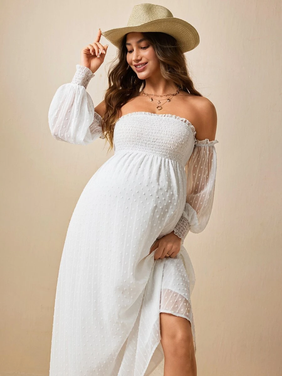 Boho Mama Maternity Off-Shoulder Ruched Casual Party Dress - White - View 1