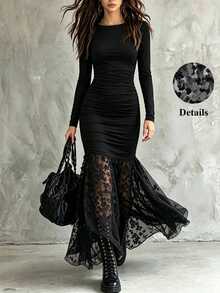 SHEIN LUNE CURVE Plus Contrast Sheer Mesh 3D Appliques Mermaid Hem Bodycon Dress Fall - Black - View 1