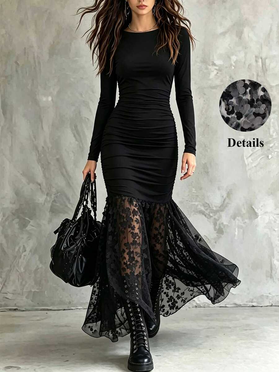 SHEIN LUNE CURVE Plus Contrast Sheer Mesh 3D Appliques Mermaid Hem Bodycon Dress Fall - Black - View 1
