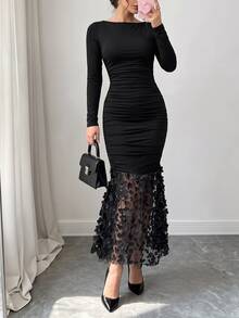 SHEIN LUNE CURVE Plus Contrast Sheer Mesh 3D Appliques Mermaid Hem Bodycon Dress Fall - Black - View 5