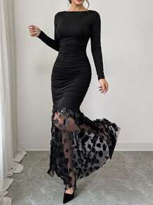 SHEIN LUNE CURVE Plus Contrast Sheer Mesh 3D Appliques Mermaid Hem Bodycon Dress Fall - Black - View 4