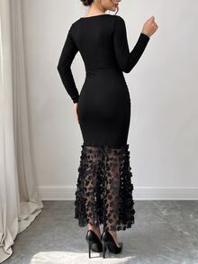 SHEIN LUNE CURVE Plus Contrast Sheer Mesh 3D Appliques Mermaid Hem Bodycon Dress Fall - Black - View 2