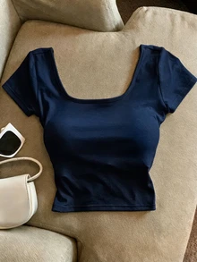 Resyla Women's U-Neck Padded Bust Short Sleeve T-Shirt, Sexy Casual Backless Crop Top, Summer New Arrival Going Out Navy Blue - Navy Blue - View 4