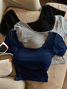 Resyla Women's U-Neck Padded Bust Short Sleeve T-Shirt, Sexy Casual Backless Crop Top, Summer New Arrival Going Out Navy Blue - Navy Blue - View 5