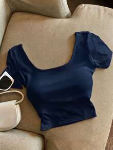 Resyla Women's U-Neck Padded Bust Short Sleeve T-Shirt, Sexy Casual Backless Crop Top, Summer New Arrival Going Out Navy Blue - Navy Blue - View 6