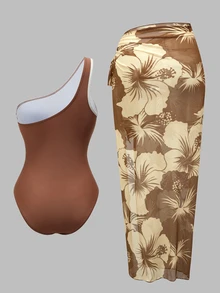 Swim Oasis Women's Vacation Color Block One-Shoulder Sleeveless Ruched One-Piece Swimsuit With Floral Print Cover Up Skirt - Multicolor - View 3