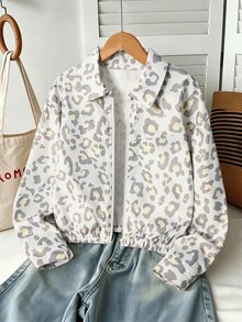 SHEIN Sparklyn 女童白色長袖輕量拉鍊外套，兒童休閒外衣，短翻領豹紋夾克，寬鬆版型，灰白豹紋，適合秋冬疊穿，日常穿搭，可搭配牛仔褲、工裝褲與短裙 - 白色 - 查看 2