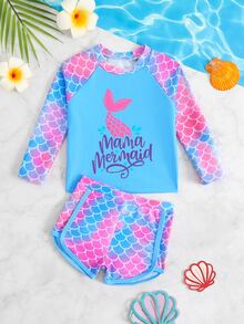 Baby Girl Mermaid Scale Print Long Sleeve Top And Shorts Beachwear Set - Multicolor - View 1