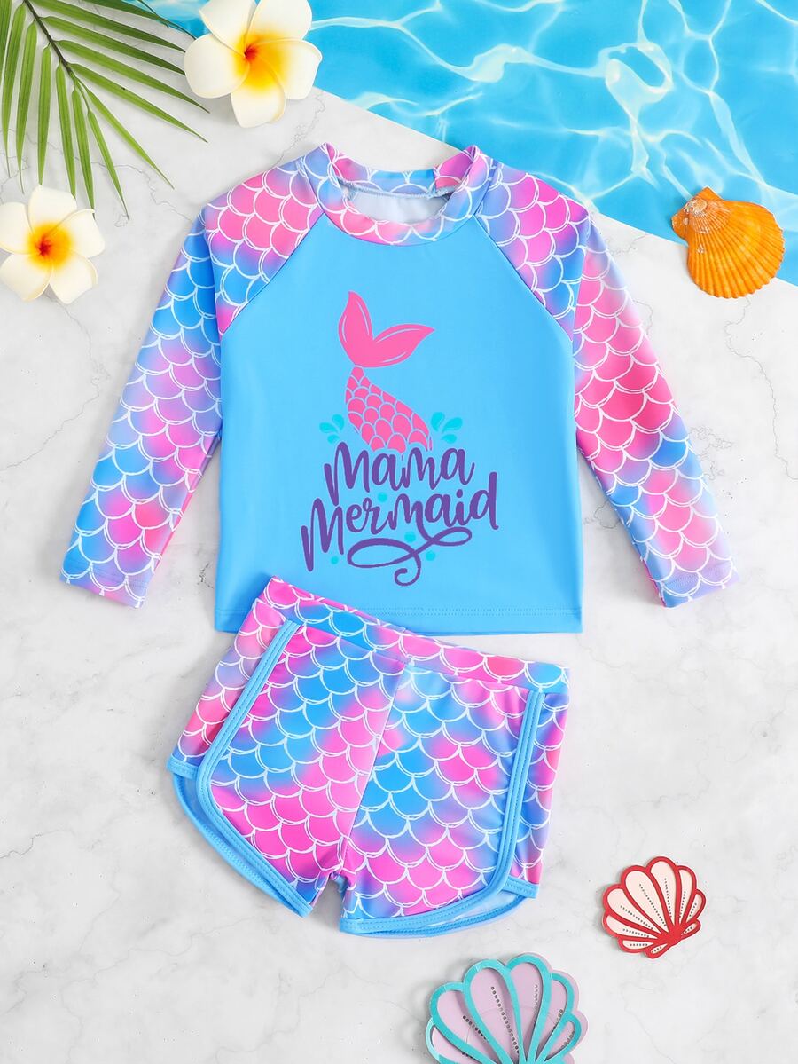 Baby Girl Mermaid Scale Print Long Sleeve Top And Shorts Beachwear Set - Multicolor - View 1