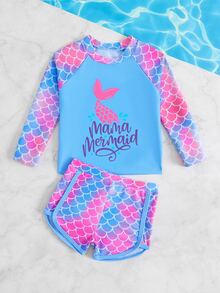 Baby Girl Mermaid Scale Print Long Sleeve Top And Shorts Beachwear Set - Multicolor - View 4