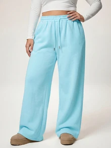 SHEIN Tall CURVE Plus Size Women Solid Color Drawstring Waist Casual Versatile Daily Wear Sweatpants - Baby Blue - View 4