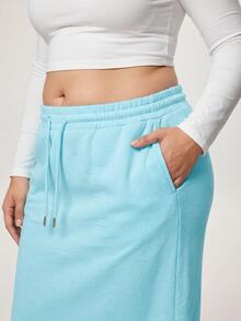 SHEIN Tall CURVE Plus Size Women Solid Color Drawstring Waist Casual Versatile Daily Wear Sweatpants - Baby Blue - View 2