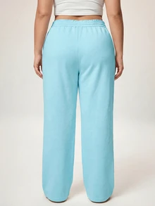 SHEIN Tall CURVE Plus Size Women Solid Color Drawstring Waist Casual Versatile Daily Wear Sweatpants - Baby Blue - View 5