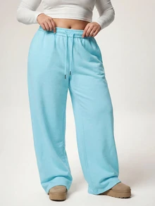 SHEIN Tall CURVE Plus Size Women Solid Color Drawstring Waist Casual Versatile Daily Wear Sweatpants - Baby Blue - View 3