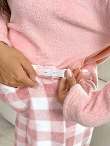 Slowluna Setelan Hamil 2 Potong: Atasan Lengan Panjang Model Bahu Longgar dengan Saku dan Celana Kotak-kotak dengan Pinggang Dapat Diatur - Berwarna merah muda - View 9