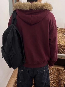 SuriyaCove 男士復古字母印花拉鍊長袖運動衫 大學風 - 紅色 - 查看 2