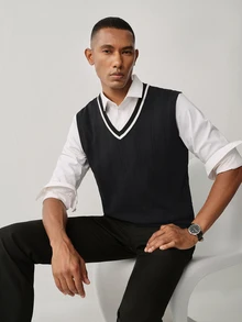 Manfinity CasualKnits Men's Spring/Autumn Black Knitted Jacquard Vest Holiday Festival Autumn Streetwear Winter - Black - View 3