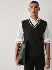 Manfinity CasualKnits Men's Spring/Autumn Black Knitted Jacquard Vest Holiday Festival Autumn Streetwear Winter - Black - View 4
