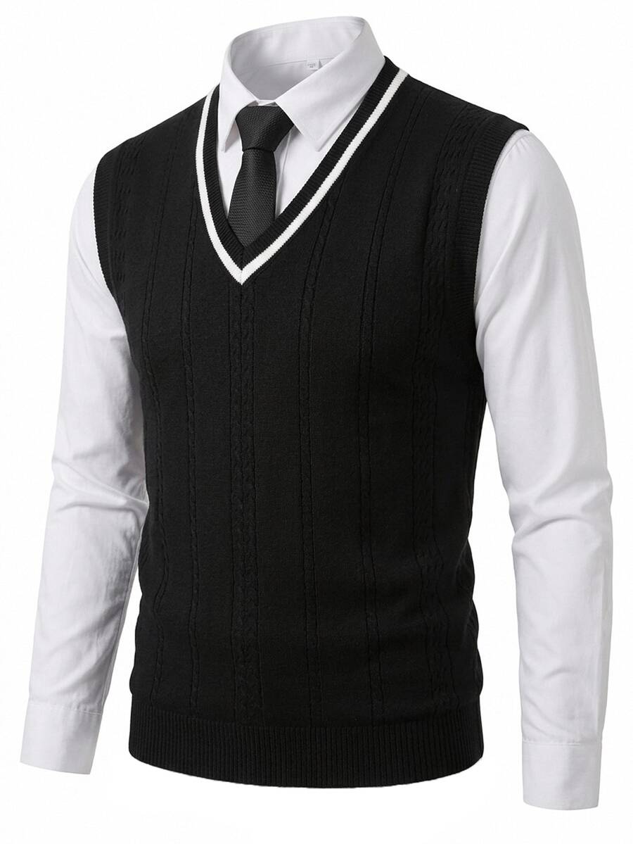 Manfinity CasualKnits Men's Spring/Autumn Black Knitted Jacquard Vest Holiday Festival Autumn Streetwear Winter - Black - View 1