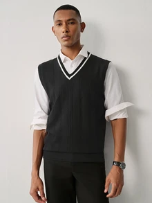 Manfinity CasualKnits Men's Spring/Autumn Black Knitted Jacquard Vest Holiday Festival Autumn Streetwear Winter - Black - View 6
