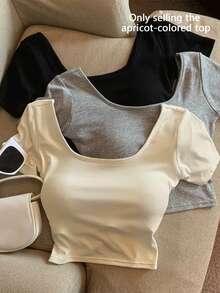 Franclia Women's Low-Cut U-Neck Short Sleeve T-Shirt With Padded Bust, New Sexy Crop Top For Summer - Apricot - View 6
