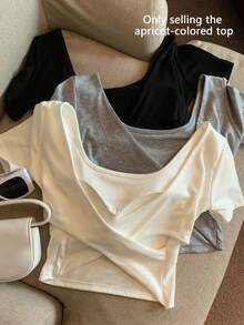 Franclia Women's Low-Cut U-Neck Short Sleeve T-Shirt With Padded Bust, New Sexy Crop Top For Summer - Apricot - View 3