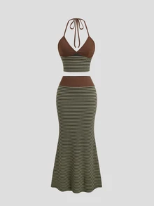 Sunnyshic Niche Design Knitted Striped Vacation Set, Slimming 2 Pieces Outfit - Army Green - View 4