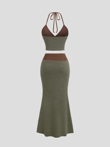 Sunnyshic Niche Design Knitted Striped Vacation Set, Slimming 2 Pieces Outfit - Army Green - View 2