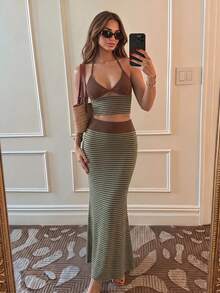 Sunnyshic Niche Design Knitted Striped Vacation Set, Slimming 2 Pieces Outfit - Army Green - View 1