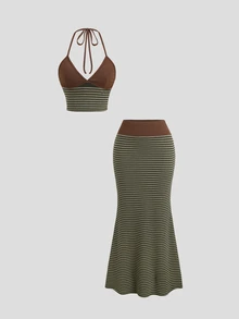 Sunnyshic Niche Design Knitted Striped Vacation Set, Slimming 2 Pieces Outfit - Army Green - View 3