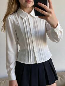 SHEIN ملابس علوية كاجوال بأكمام طويلة مطبوع ومناسب للفتيات المراهقات، ملابس خريفية للفتيات المراهقات، أسلوب مدرسي - أبيض - مشاهدة 3