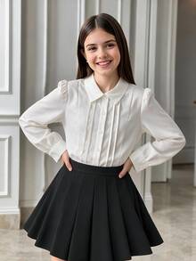 SHEIN ملابس علوية كاجوال بأكمام طويلة مطبوع ومناسب للفتيات المراهقات، ملابس خريفية للفتيات المراهقات، أسلوب مدرسي - أبيض - مشاهدة 1