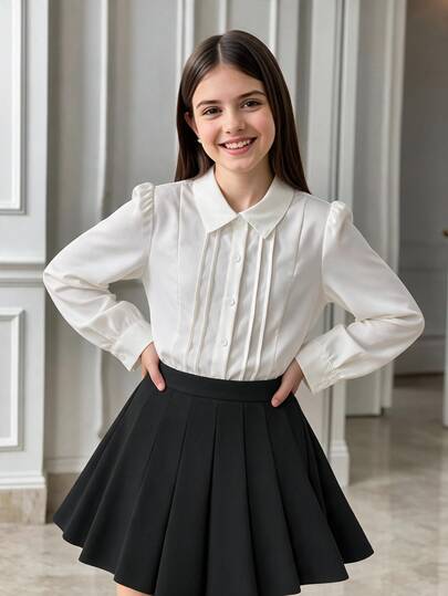 SHEIN Tween Girl Fall Tops Printed Fitted Button-Up Long Sleeve Casual Shirt, Fall Clothes For Tween Girl, School Style