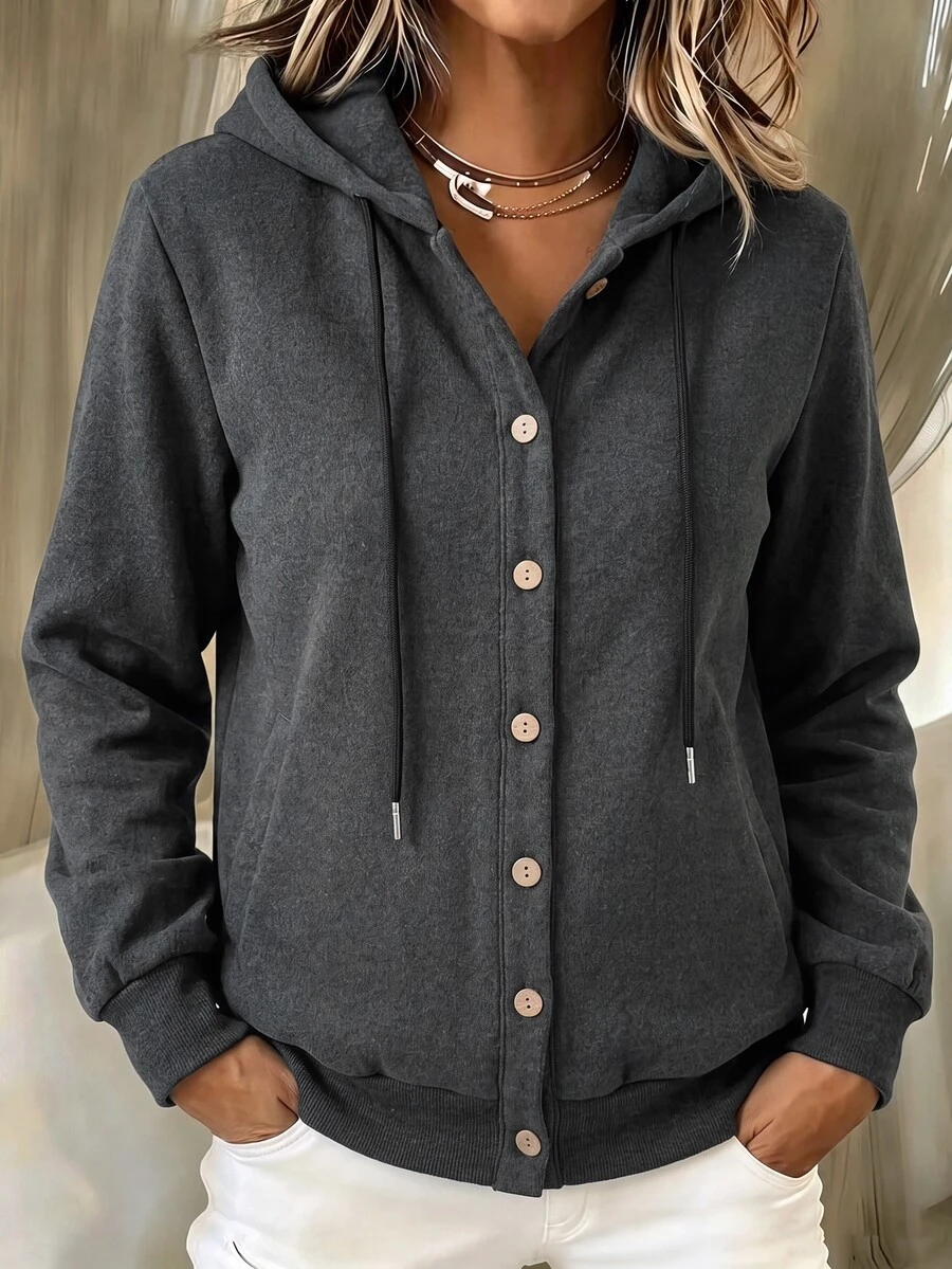 Holdful Holdful Women's Solid Color Casual Versatile Daily Wear Hooded Sweatshirt - Dark Grey - View 1