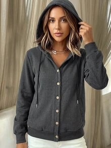 Holdful Holdful Women's Solid Color Casual Versatile Daily Wear Hooded Sweatshirt - Dark Grey - View 3