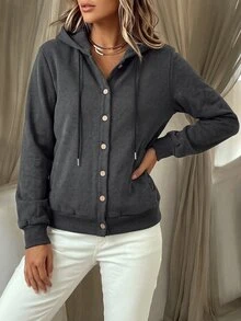 Holdful Holdful Women's Solid Color Casual Versatile Daily Wear Hooded Sweatshirt - Dark Grey - View 4