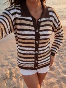 SHEIN Women's Basic Minimalist Striped Contrast Color Polo Collar Casual Vacation Long Sleeve Knit Cardigan - Brown - View 4