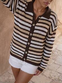SHEIN Women's Basic Minimalist Striped Contrast Color Polo Collar Casual Vacation Long Sleeve Knit Cardigan - Brown - View 6