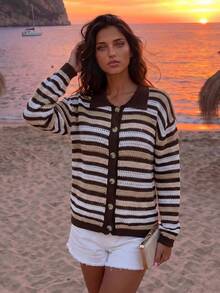 SHEIN Women's Basic Minimalist Striped Contrast Color Polo Collar Casual Vacation Long Sleeve Knit Cardigan - Brown - View 2