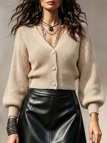 Balvessa Cardigan Model Drop Shoulder dengan Kancing Depan, Cocok untuk Brunch, Kantor, Warna Beige, Musim Gugur, Kasual - Khaki - View 1