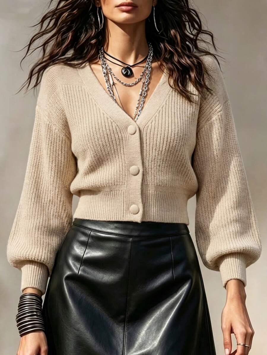 Balvessa Cardigan Model Drop Shoulder dengan Kancing Depan, Cocok untuk Brunch, Kantor, Warna Beige, Musim Gugur, Kasual - Khaki - View 1