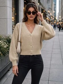 Balvessa Cardigan Model Drop Shoulder dengan Kancing Depan, Cocok untuk Brunch, Kantor, Warna Beige, Musim Gugur, Kasual - Khaki - View 5