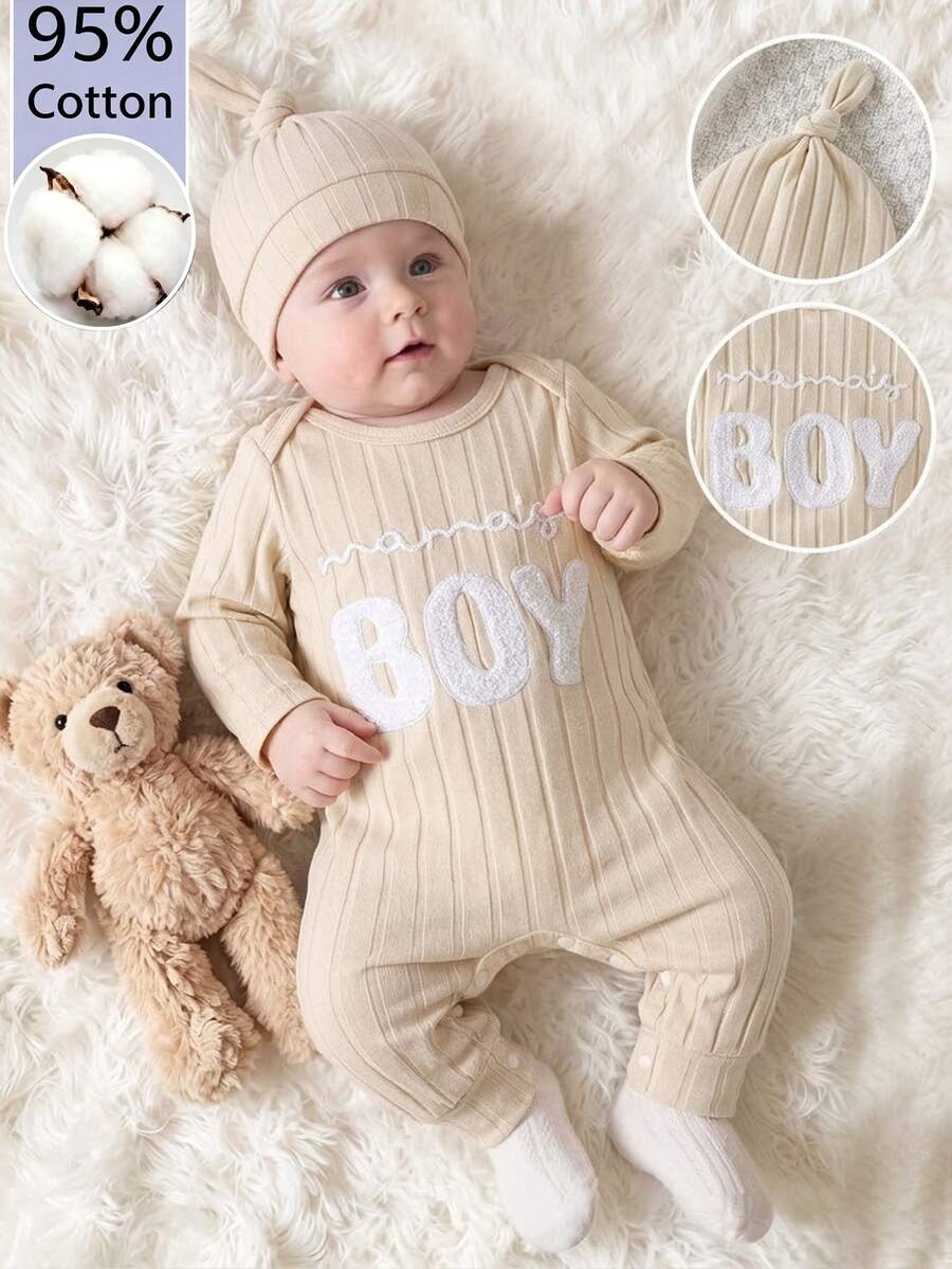 SHEIN Playful Pals 2件組新生兒男嬰連身衣,舒適柔軟休閒米色羅紋針織字母貼布繡棉質長袖圓領標準版秋冬連身衣附帽子 - 杏色 - 查看 1