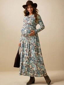 Boho Mama Maternity Paisley Pattern Round Neck Long Sleeve Elegant Dress - Multicolor - View 9