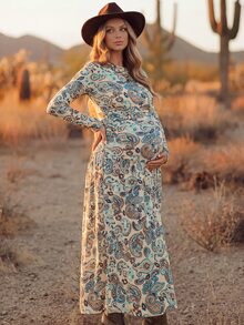 Boho Mama Maternity Paisley Pattern Round Neck Long Sleeve Elegant Dress - Multicolor - View 3