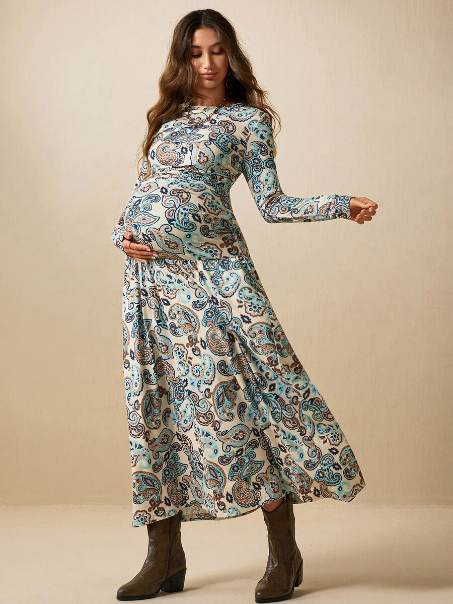 Boho Mama Maternity Paisley Pattern Round Neck Long Sleeve Elegant Dress - Multicolor - View 1