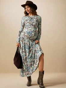 Boho Mama Maternity Paisley Pattern Round Neck Long Sleeve Elegant Dress - Multicolor - View 8