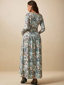 Boho Mama Maternity Paisley Pattern Round Neck Long Sleeve Elegant Dress - Multicolor - View 7