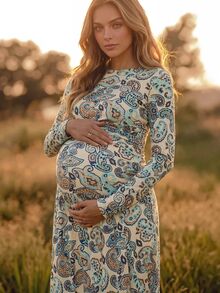 Boho Mama Maternity Paisley Pattern Round Neck Long Sleeve Elegant Dress - Multicolor - View 5